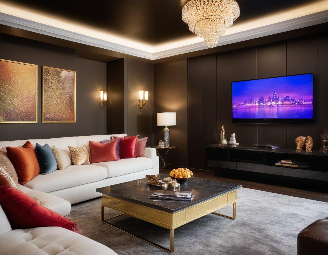 A luxurious living room showcasing a high-end television displaying vibrant scenes from popular shows and movies. Stylish furnishings, plush seating, and modern decor surround a coffee table filled with fresh popcorn and luxury snacks. A subtle digital screen in the background highlights trending media content. The atmosphere exudes elegance and sophistication, inviting viewers to indulge in upscale entertainment. super-realistic. vibrant colors. modern aesthetics.