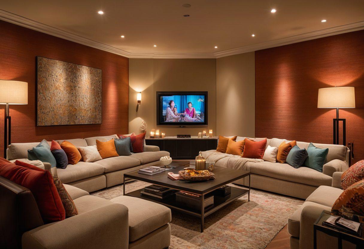 A modern living room featuring a luxurious high-end television mounted on a sleek wall, surrounded by plush furniture, ambient lighting, and cinematic decor. Incorporate a popcorn machine and cozy throw blankets to create a warm, inviting atmosphere. Show a family enjoying a movie night, with vibrant screens and rich colors enhancing the cinematic vibe. super-realistic. vibrant colors. warm lighting.