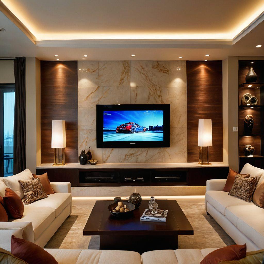 An opulent living room featuring a large, ultra-high-definition television displaying vibrant, colorful streaming content. Surround the screen with plush furniture, elegantly designed decor, and warm ambient lighting. Include a luxurious sound system and hints of premium subscriptions with visible app icons on the television. The atmosphere should evoke a sense of comfort and sophistication, inviting the viewer to indulge in high-quality entertainment. super-realistic. vibrant colors. elegant ambiance.